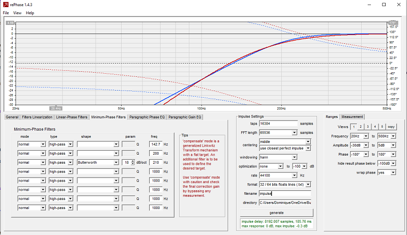 Superposition avec un filtre Butterworth à 18 dB/octave à 210 Hz