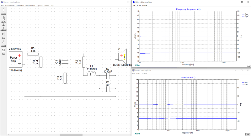 Simulation dans XSim d'un atténuateur de 10 dB sur 5.2 Ohms associé aux correcteurs d'impédance RC et RLC