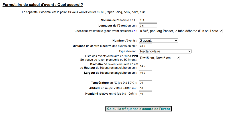 Calcul de l'évent du petit volume