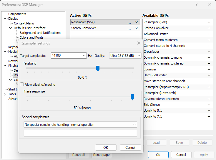 Configuration de Resampleur Sox dans Foobar