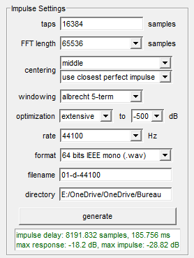 Paramétrage de Impulse Settings dans rePhase à 44100 Hz