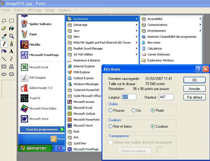 Trouver Paint sous Windows, en 605 pixels de large